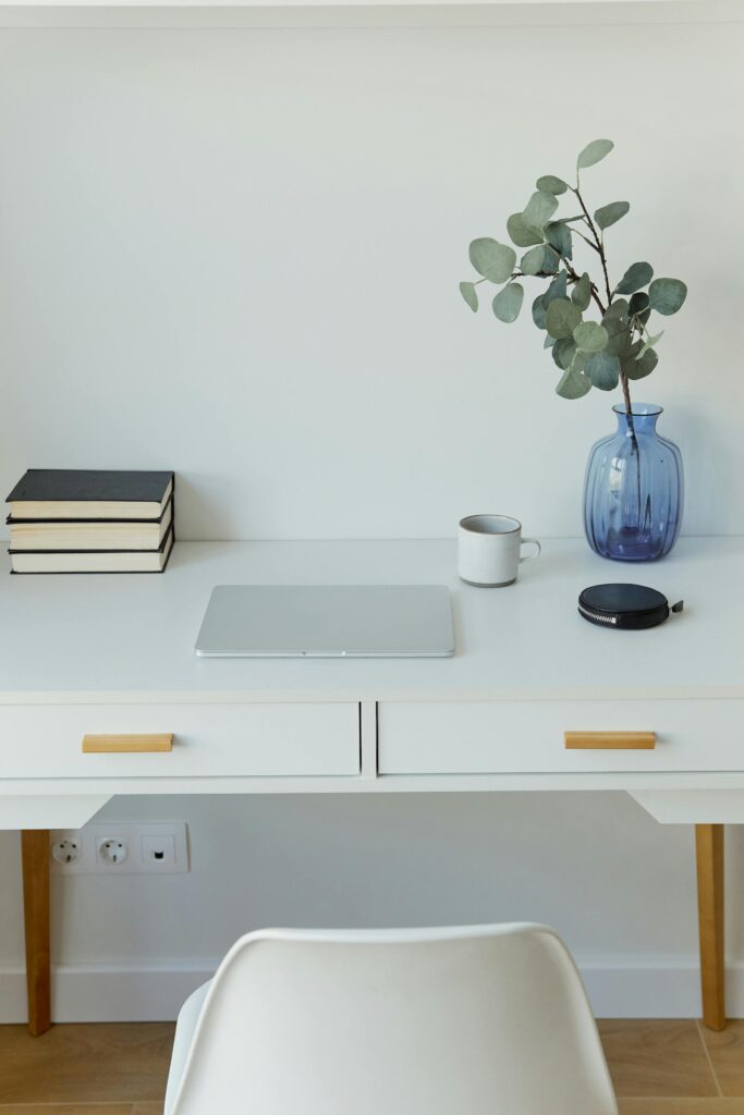 Clean workspace featuring a white desk, laptop, books, mug, and a vase with greenery.