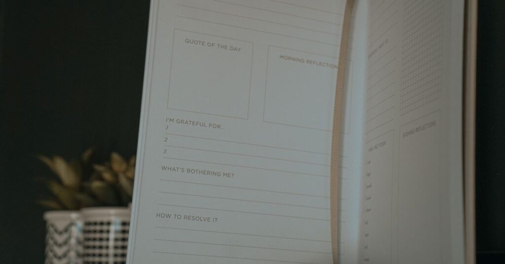 An open journal with sections for quotes, reflections, and gratitude.