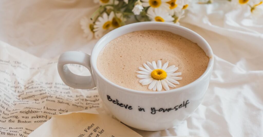 Mug of coffee with chamomile on top, surrounded by book pages and daisies.