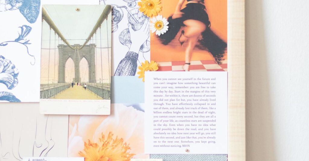 Aesthetic cork board collage featuring art prints, floral patterns, and personal photographs.