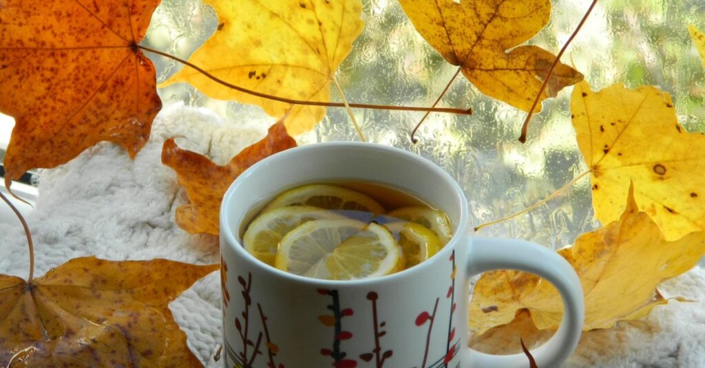Warm autumn tea with lemon in decorative mug surrounded by fall leaves, perfect for a cozy seasonal vibe.