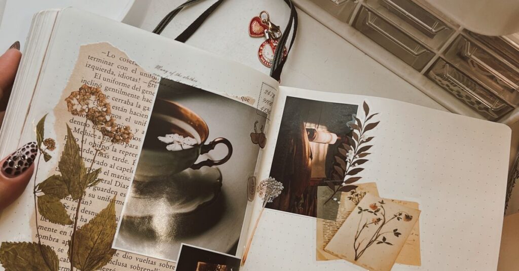 An artistic open journal with a creative collage and leaf artwork, perfect for inspiration.