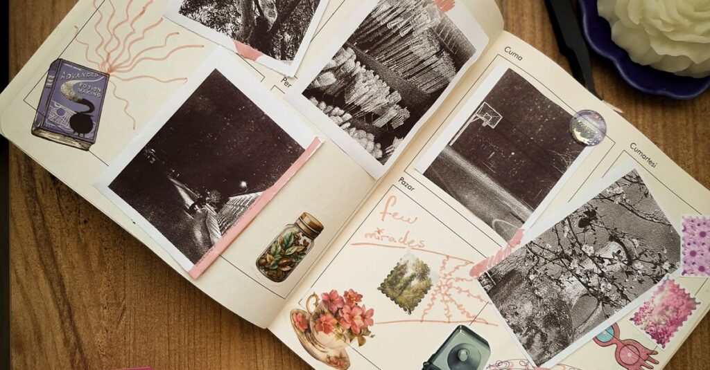 An artistic scrapbook layout with vintage photos and decorative elements, perfect for inspiration.
