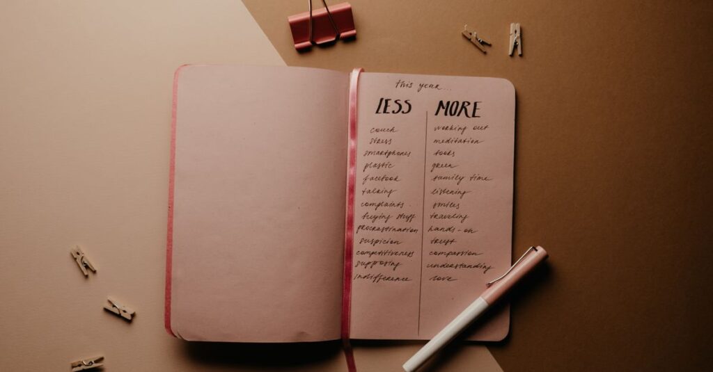 Open notebook with a list of goals under 'Less' and 'More', pen beside it, on a brown background.