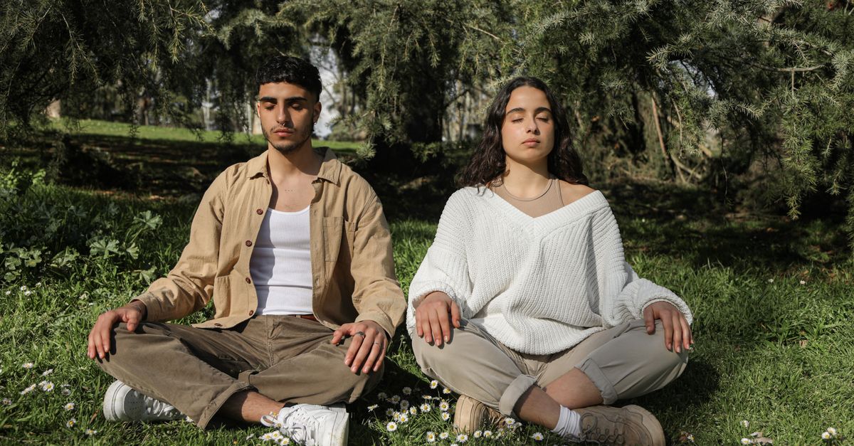 Two individuals meditating in a serene park setting. Peaceful and relaxed environment.
