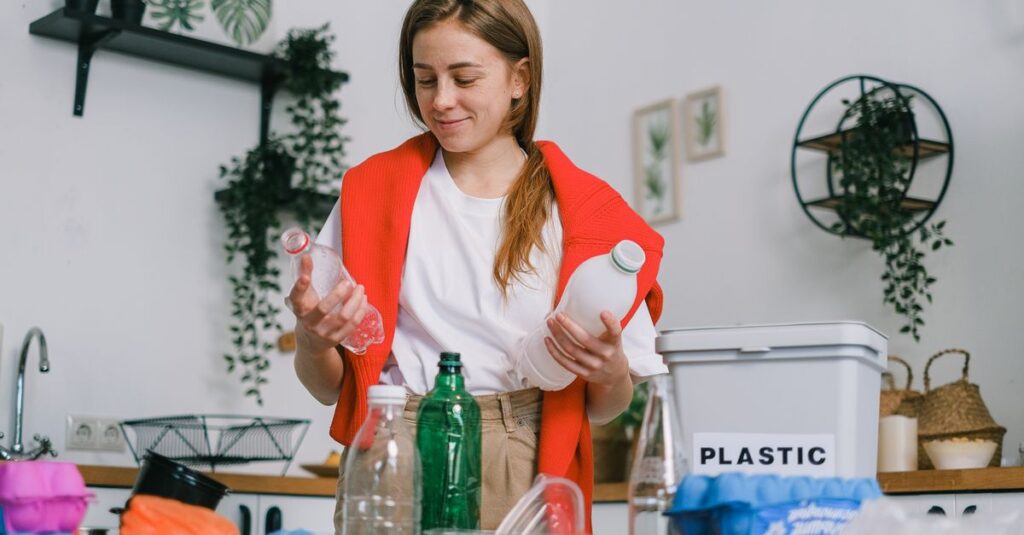 Cheerful female in casual clothes standing with plastic bottles in hands while sorting trash in light kitchen in daytime