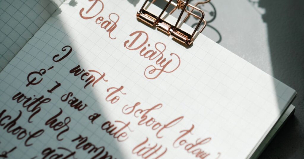 An artistic composition of handwritten diary entry with flowers and a paper clip, capturing creativity and elegance.